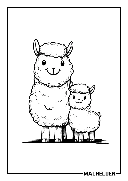 Kawaii Ausmalbild von einem Alpaka mit seinem Kind