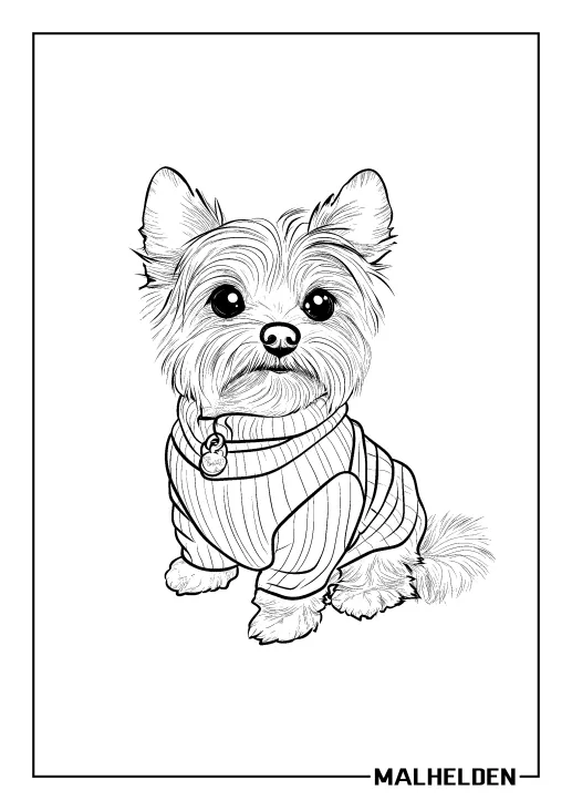 Ausmalbild eines Yorkshire Terriers in einem niedlichen Pullover