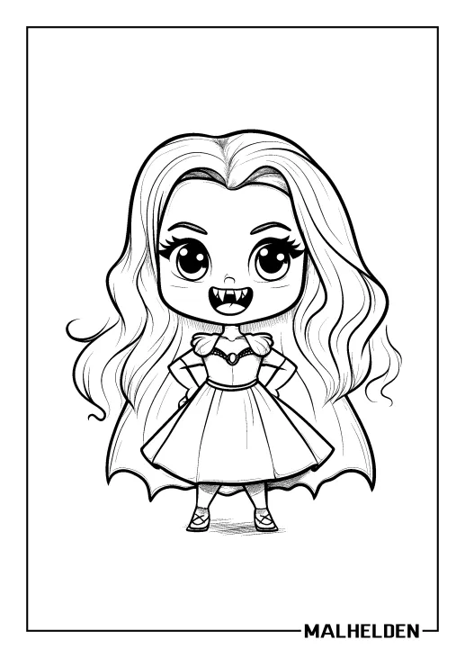 Ausmalbild eines fröhlichen Vampirs im Puppenstil mit großen Augen und langen Haaren