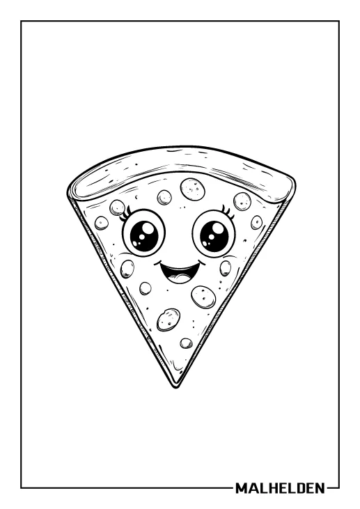 Ausmalbild Kawaii Pizza mit fröhlichem Gesicht und großen Augen