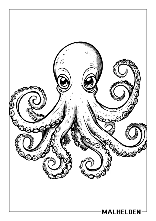 Ausmalbild eines Kraken mit detailreichen Tentakeln