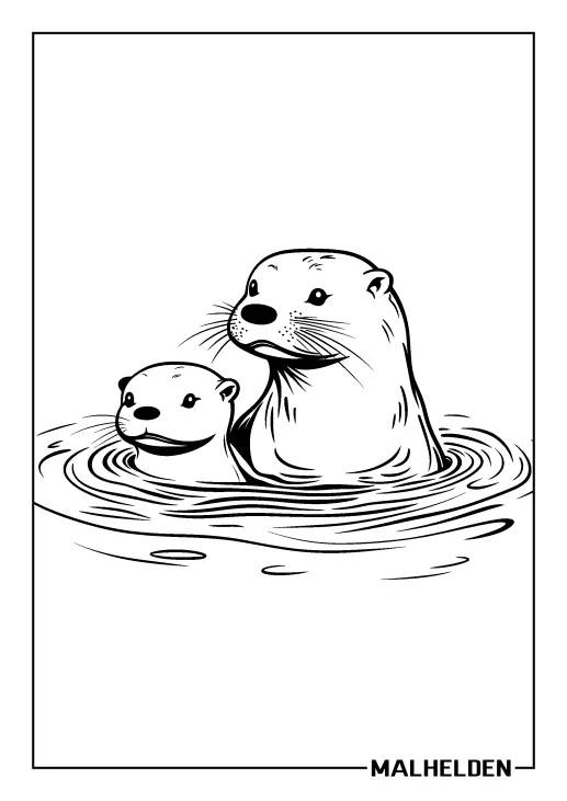 Ausmalbild eines Otters mit seinem Jungen im Wasser