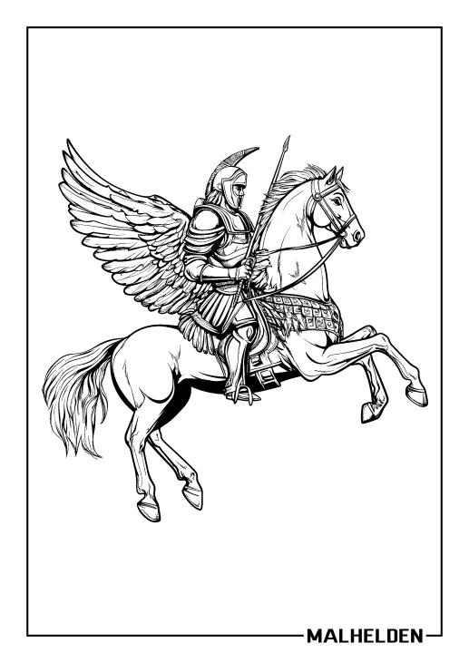 Ausmalbild eines Pegasus mit einem Ritter in Rüstung