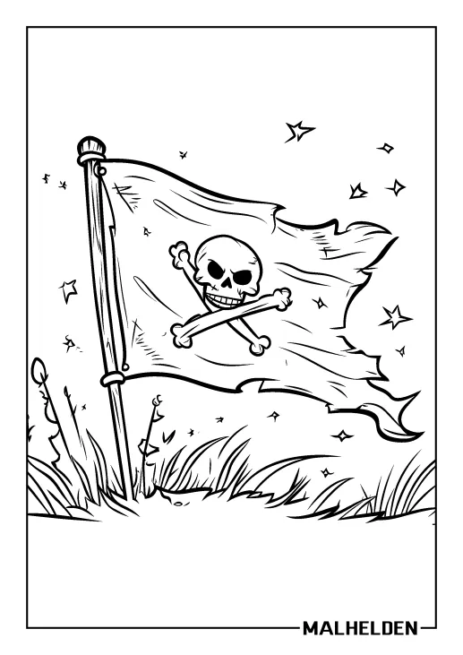 Ausmalbild einer wehenden Piratenflagge mit Totenkopf und gekreuzten Knochen