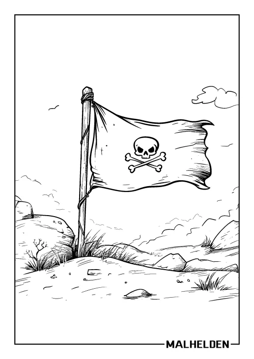 Ausmalbild einer wehenden Piratenflagge auf einer Klippe