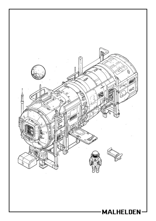 Ausmalbild einer detaillierten Raumstation mit Astronaut und Planet im Hintergrund