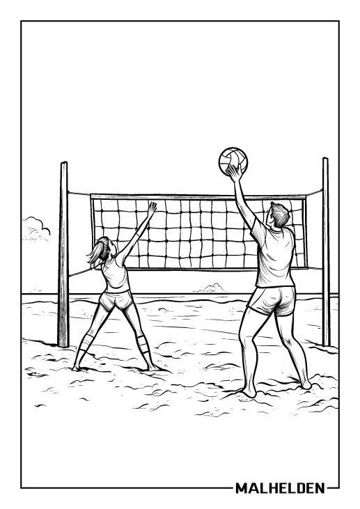 Zwei Menschen spielen Volleyball am Strand, umringt von Sand und einem Netz