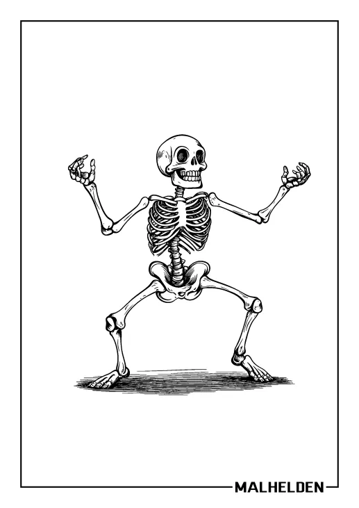 Ausmalbild eines tanzenden Skeletts auf einer Wiese