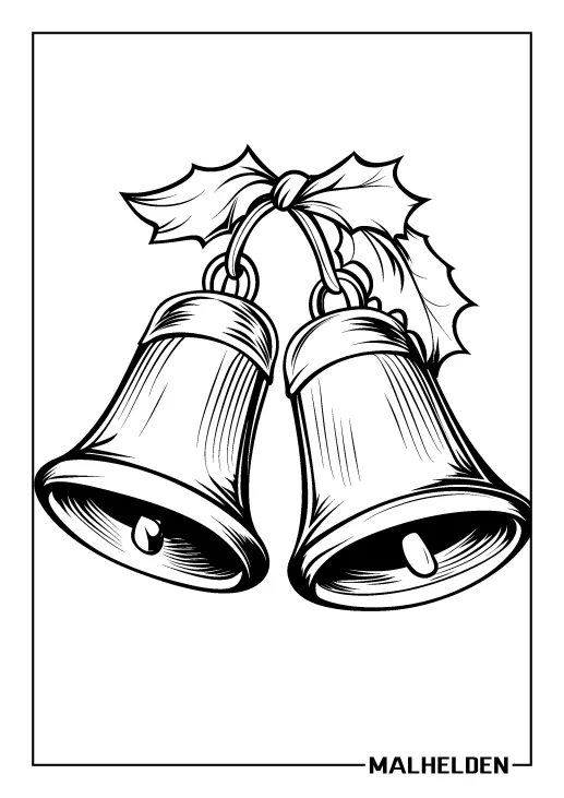 Ausmalbild von zwei Weihnachtsglocken mit Stechpalmenblättern