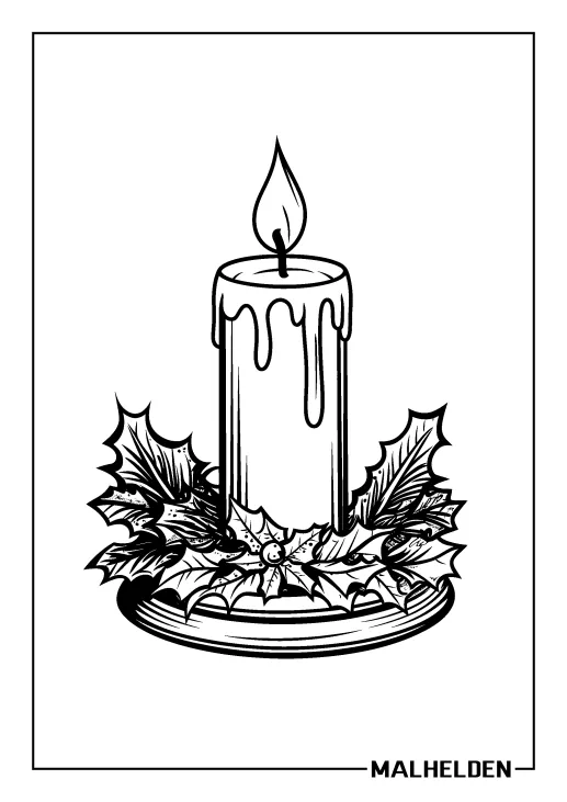 Ausmalbild einer weihnachtlichen Kerze, umgeben von Stechpalmenblättern