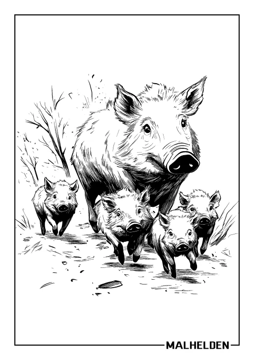 Ausmalbild einer Wildschwein-Familie, die durch den Wald läuft