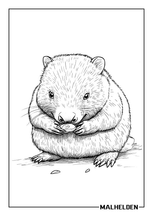 Ausmalbild eines Wombats, der eine Nuss hält