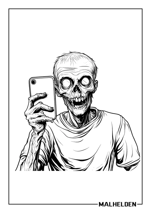 Ausmalbild eines Zombies, der ein Smartphone hält