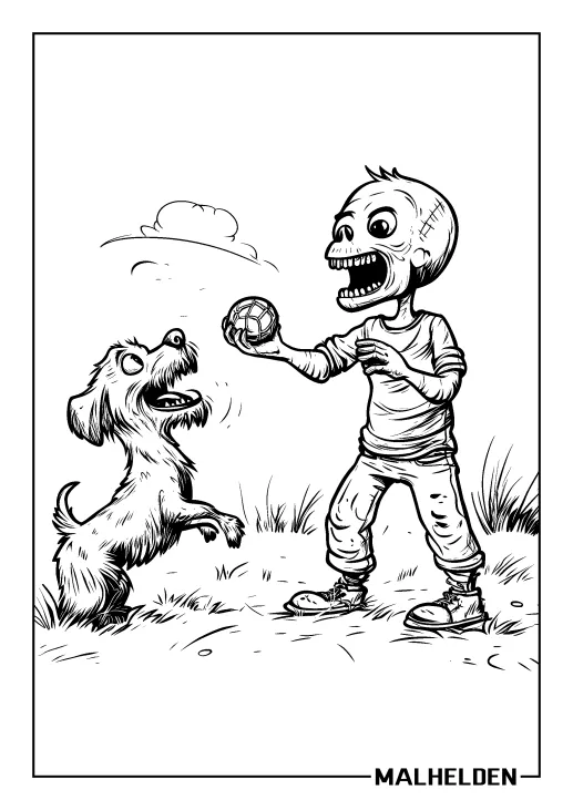 Ausmalbild eines Zombies mit Ball, der mit einem Hund spielt